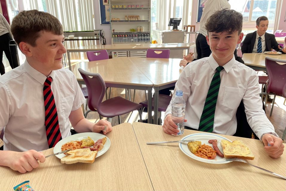 Oliver Derbyshire and Oliver Waters enjoy their cooked breakfasts.